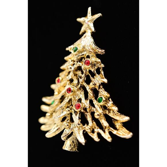 Tancer II Vintage Christmas Tree Pin Brooch Rhinestone Gold Holiday Signed BinAJ - Picture 4 of 12